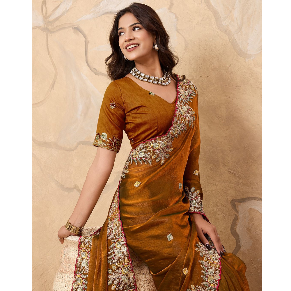 Party Wear Soft Fendy Chiffon Silk Saree with Unstitched BP (Pack of 1)