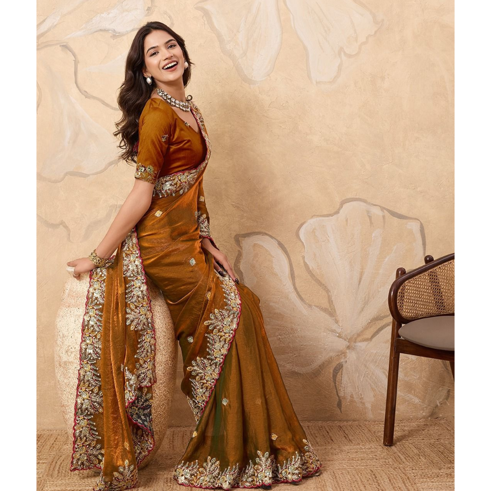 Party Wear Soft Fendy Chiffon Silk Saree with Unstitched BP (Pack of 1)