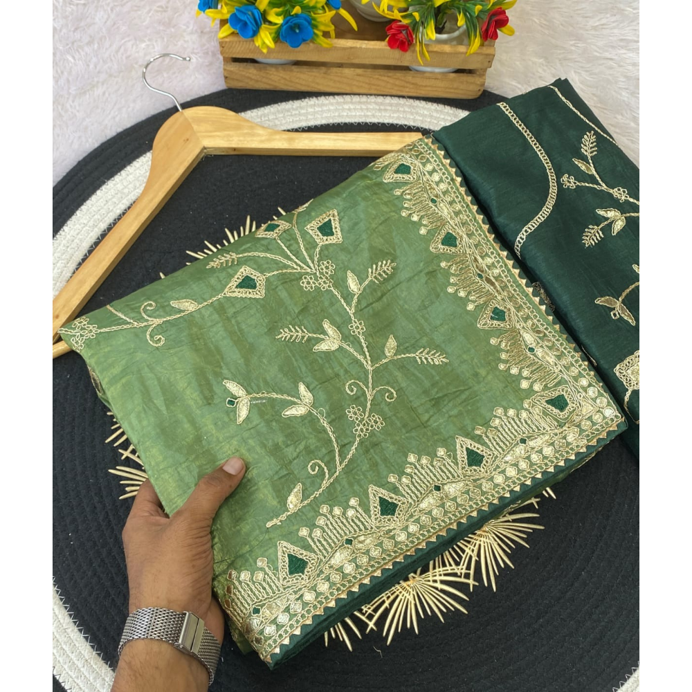 Women's Daga Cota Embroidery Work Chiffon Saree with Unstitched Blouse (Pack of 1)