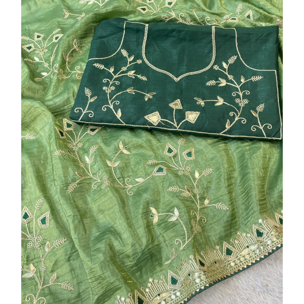 Women's Daga Cota Embroidery Work Chiffon Saree with Unstitched Blouse (Pack of 1)