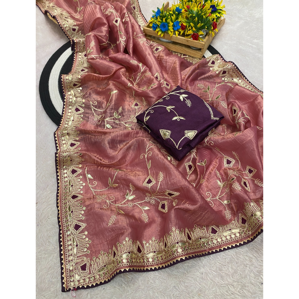 Women's Daga Cota Embroidery Work Chiffon Saree with Unstitched Blouse (Pack of 1)