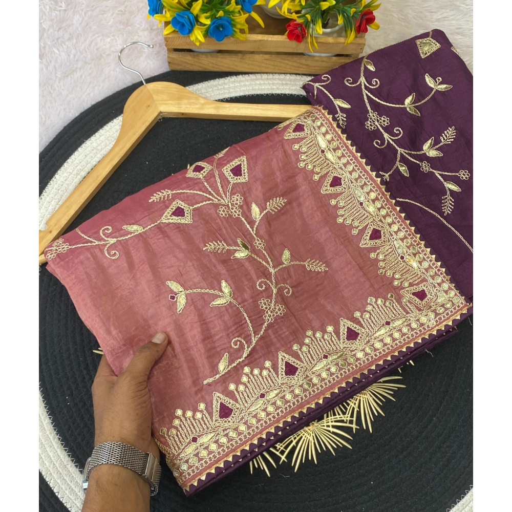 Women's Daga Cota Embroidery Work Chiffon Saree with Unstitched Blouse (Pack of 1)