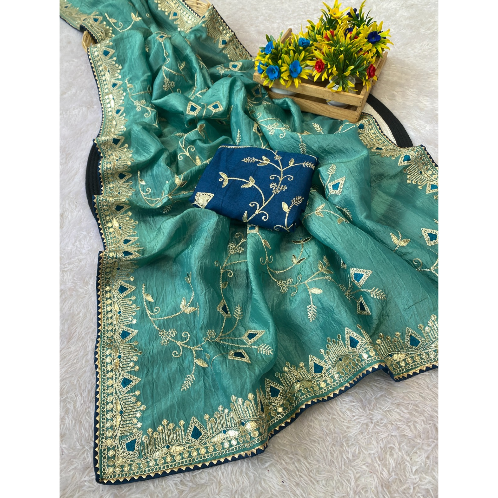 Women's Daga Cota Embroidery Work Chiffon Saree with Unstitched Blouse (Pack of 1)