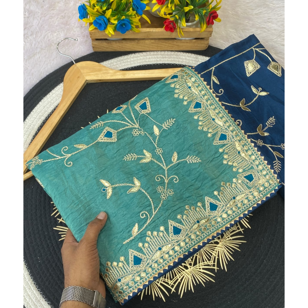 Women's Daga Cota Embroidery Work Chiffon Saree with Unstitched Blouse (Pack of 1)