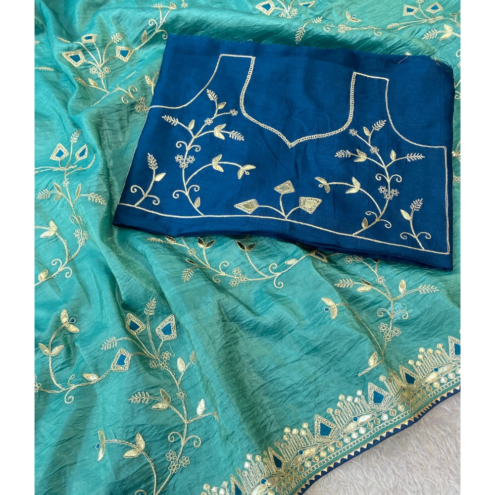 Women's Daga Cota Embroidery Work Chiffon Saree with Unstitched Blouse (Pack of 1)
