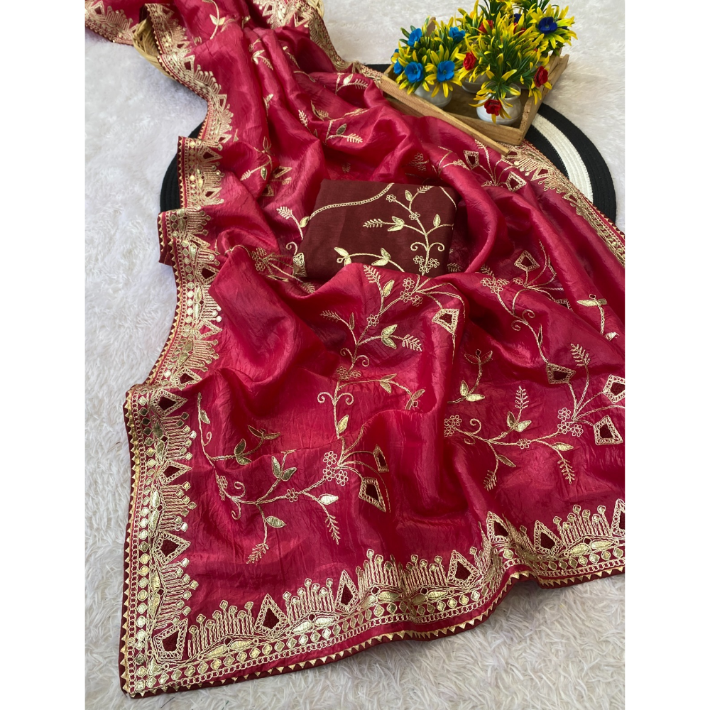 Women's Daga Cota Embroidery Work Chiffon Saree with Unstitched Blouse (Pack of 1)