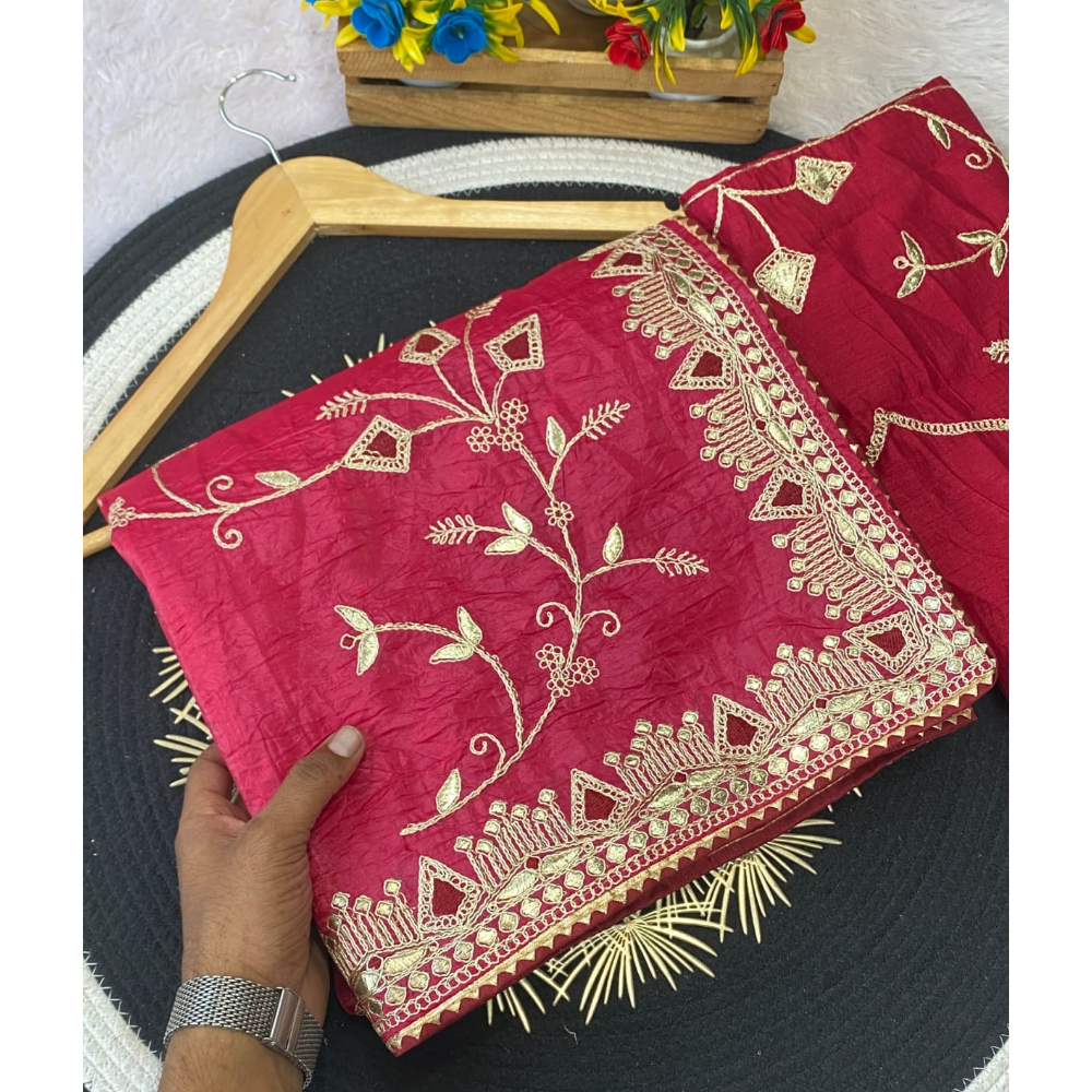 Women's Daga Cota Embroidery Work Chiffon Saree with Unstitched Blouse (Pack of 1)