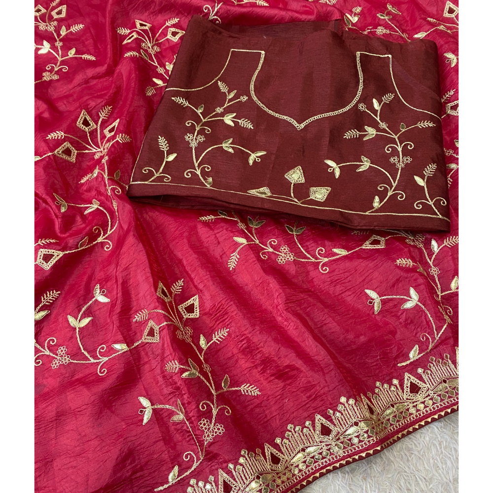 Women's Daga Cota Embroidery Work Chiffon Saree with Unstitched Blouse (Pack of 1)