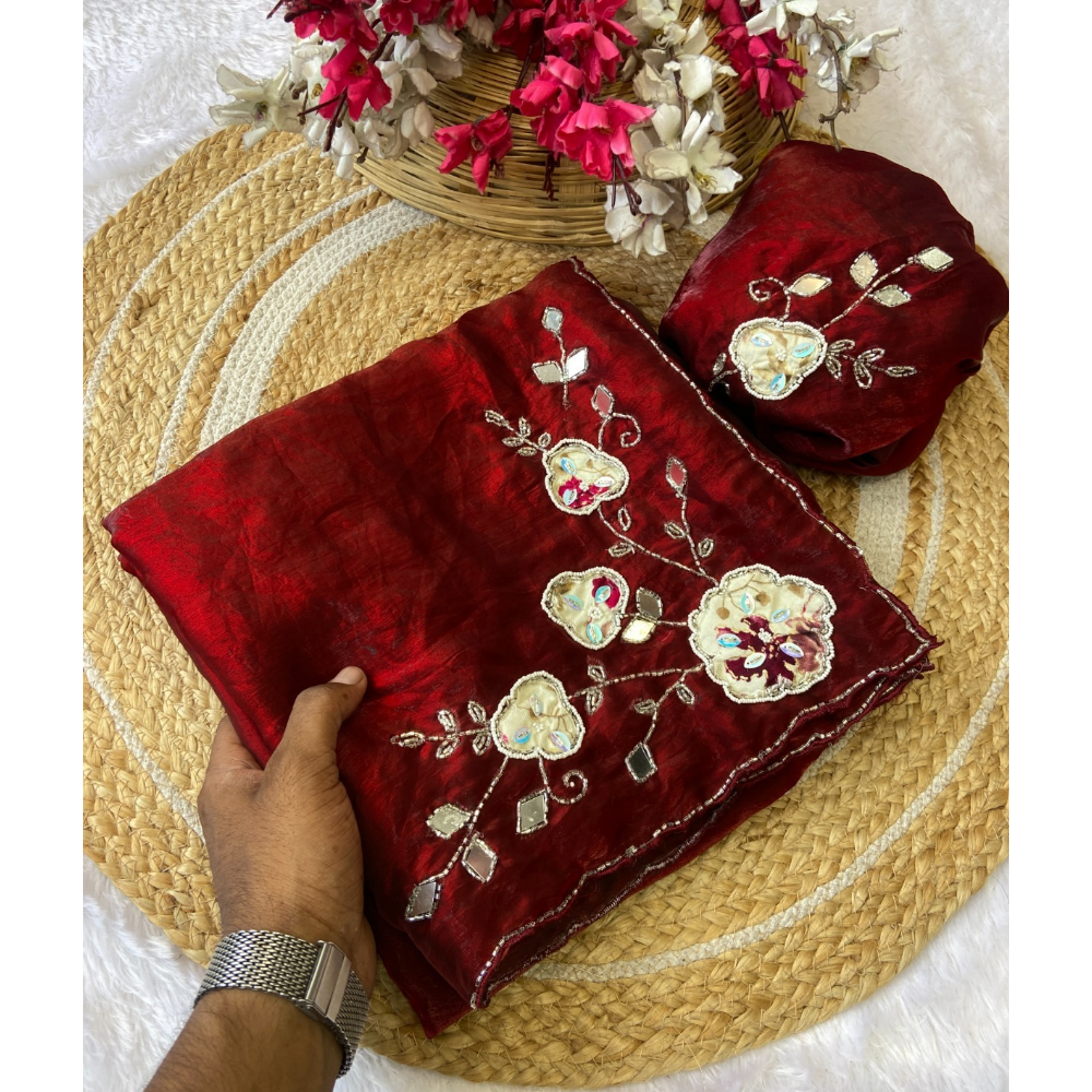 Women's Premium Fendy Satin Silk Saree with Unstitched BP (Pack of 1)