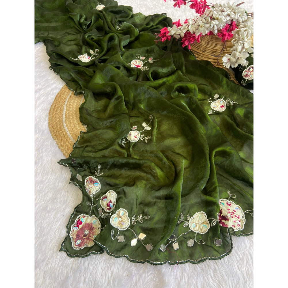 Women's Premium Fendy Satin Silk Saree with Unstitched BP (Pack of 1)