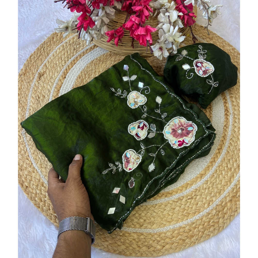 Women's Premium Fendy Satin Silk Saree with Unstitched BP (Pack of 1)