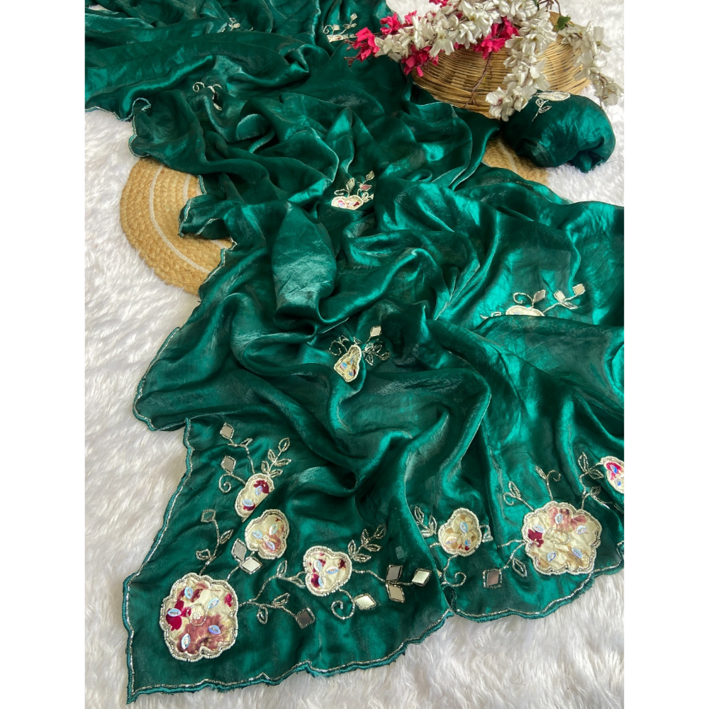 Women's Premium Fendy Satin Silk Saree with Unstitched BP (Pack of 1)