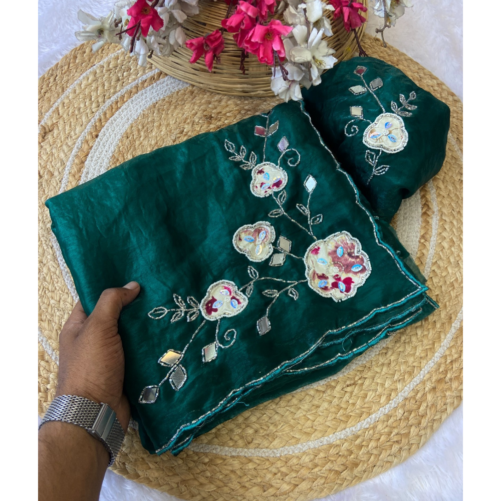 Women's Premium Fendy Satin Silk Saree with Unstitched BP (Pack of 1)