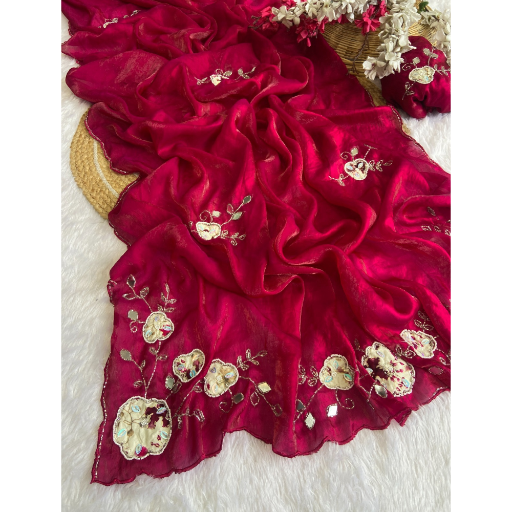 Women's Premium Fendy Satin Silk Saree with Unstitched BP (Pack of 1)