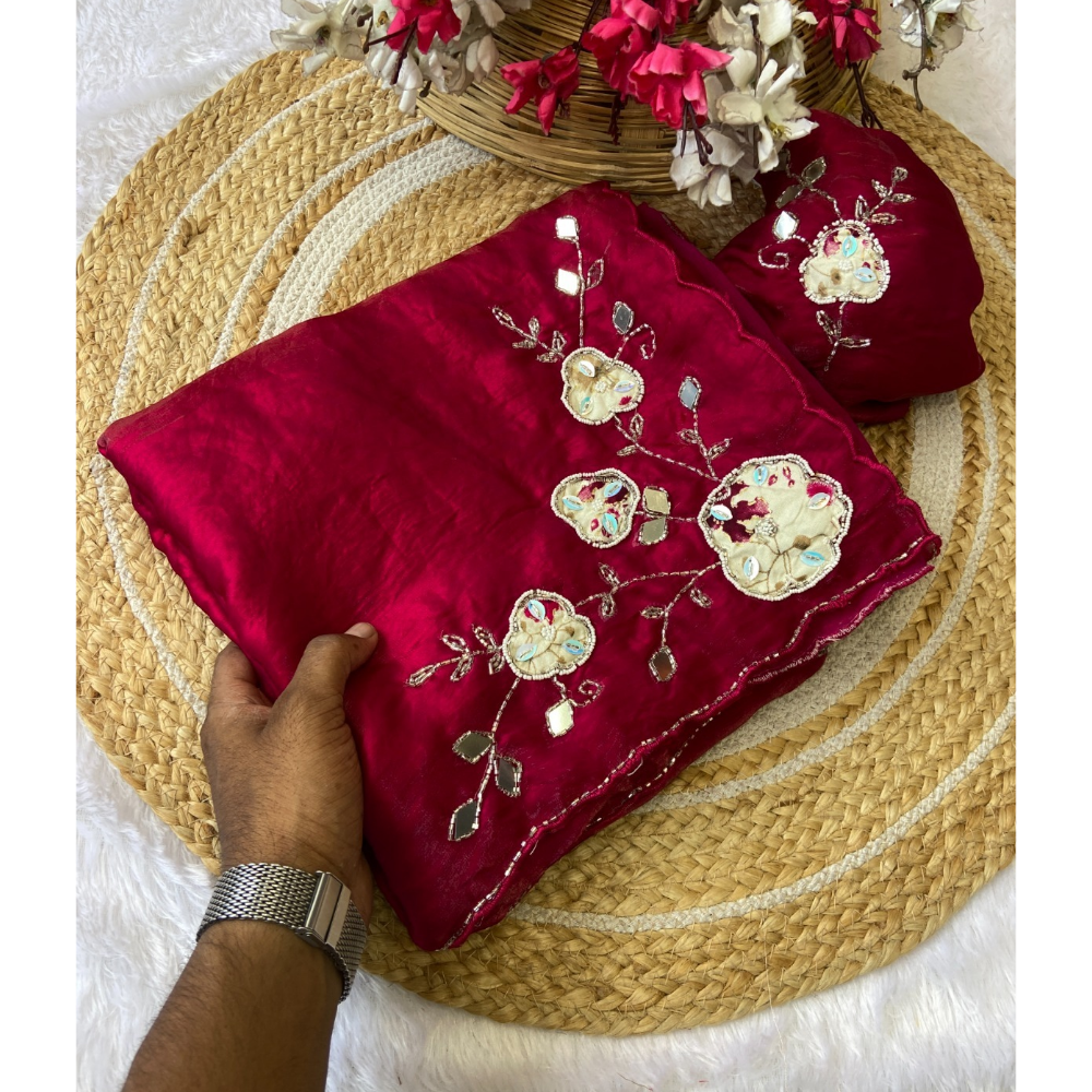 Women's Premium Fendy Satin Silk Saree with Unstitched BP (Pack of 1)