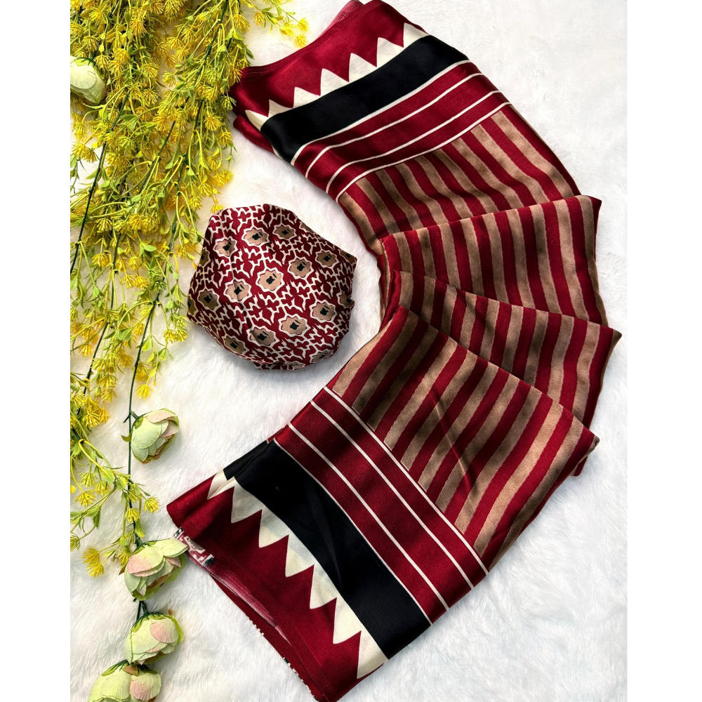 Ajrakh Satin Silk Saree with Unstitched BP for Women (Pack of 1)