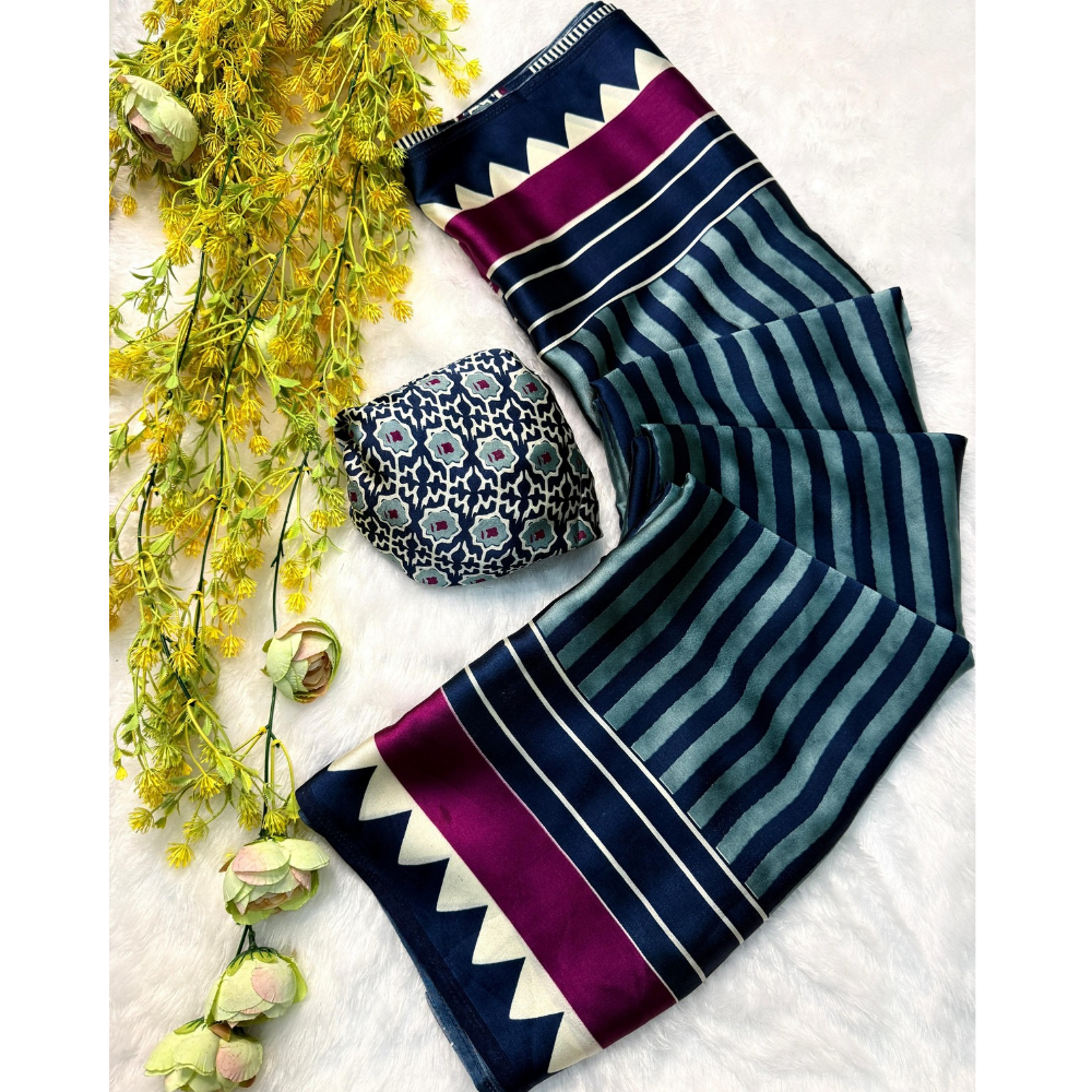 Ajrakh Satin Silk Saree with Unstitched BP for Women (Pack of 1)