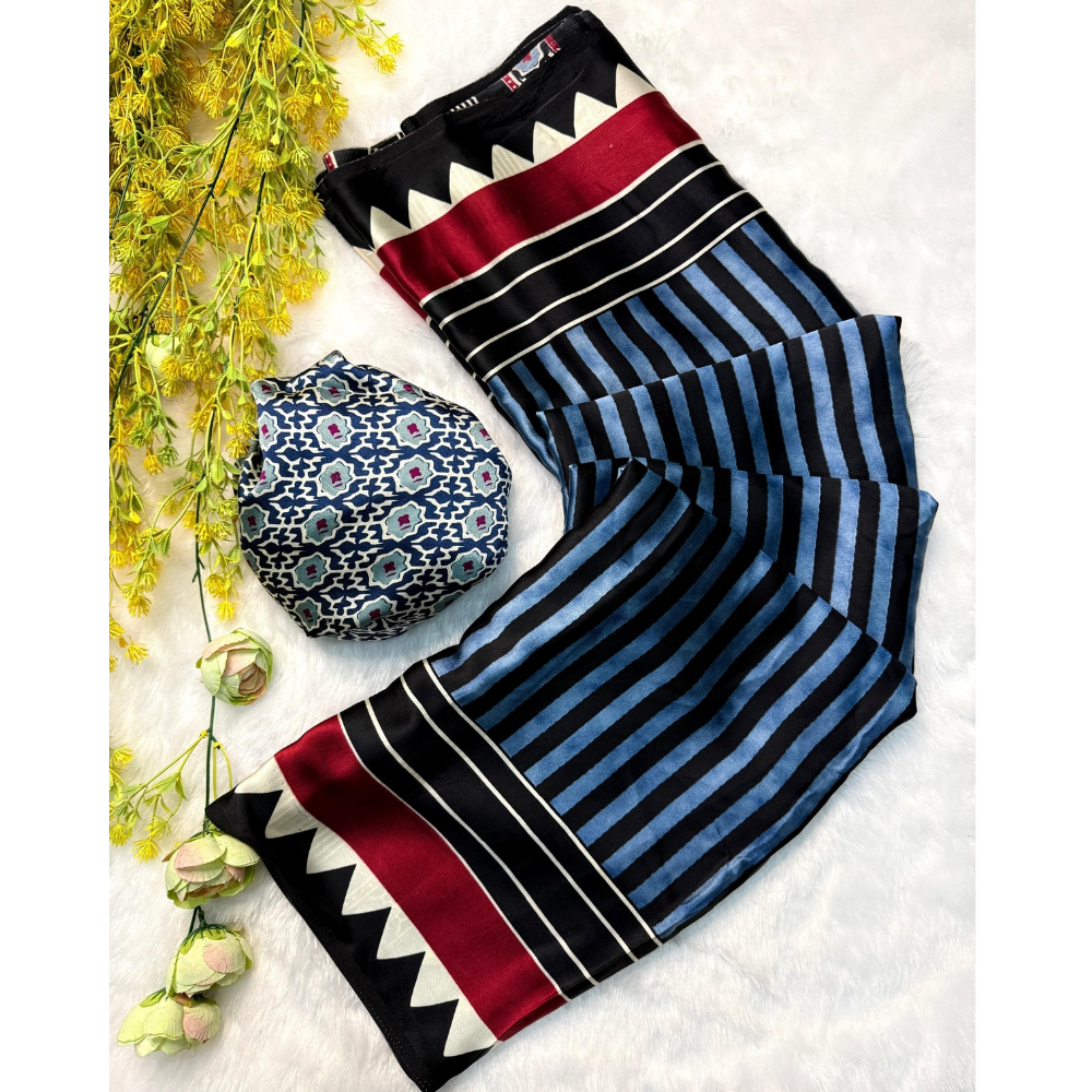 Ajrakh Satin Silk Saree with Unstitched BP for Women (Pack of 1)