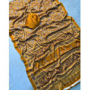 Ajrakh Satin Gajji Silk Saree with Unstitched BP for Women (Pack of 1)