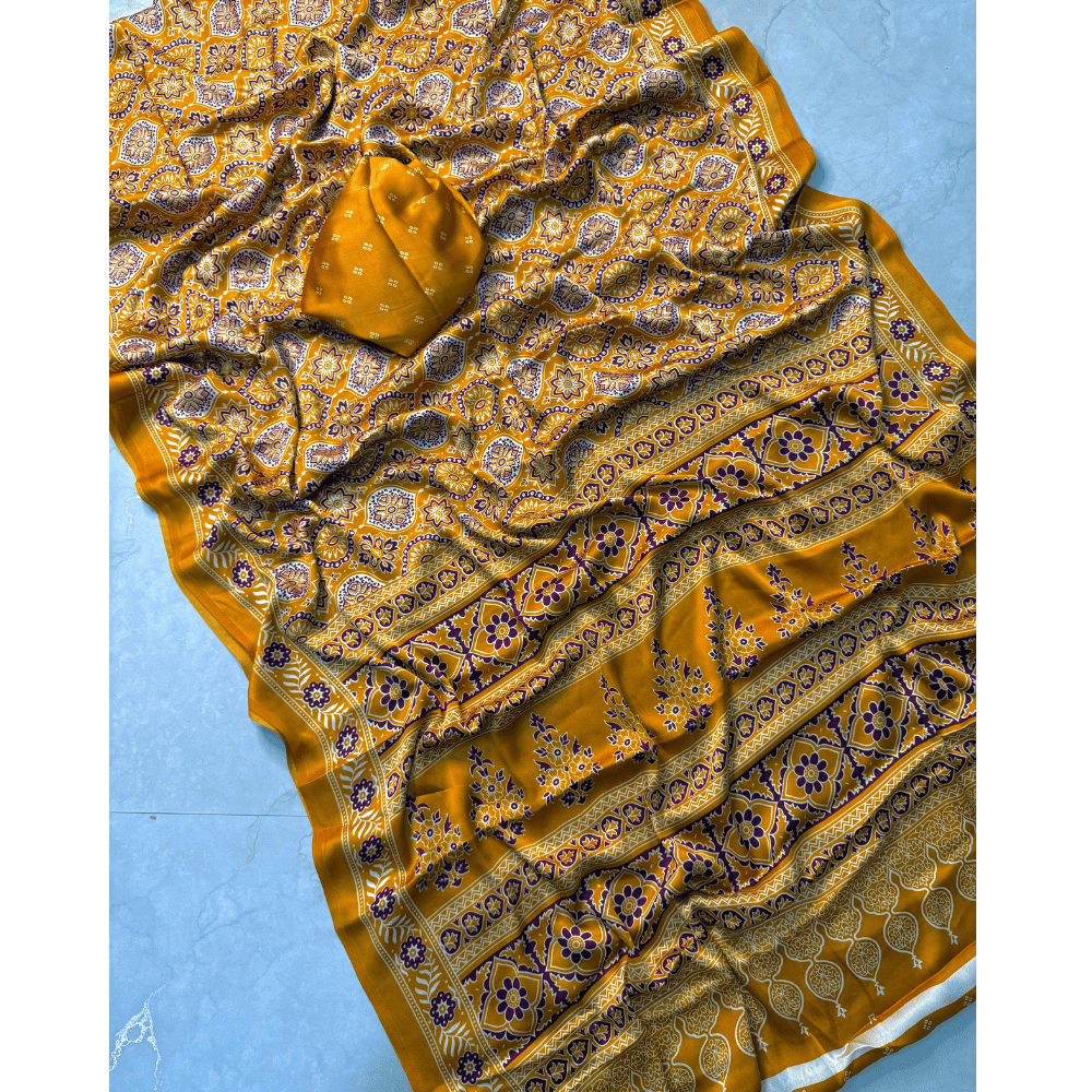 Ajrakh Satin Gajji Silk Saree with Unstitched BP for Women (Pack of 1)