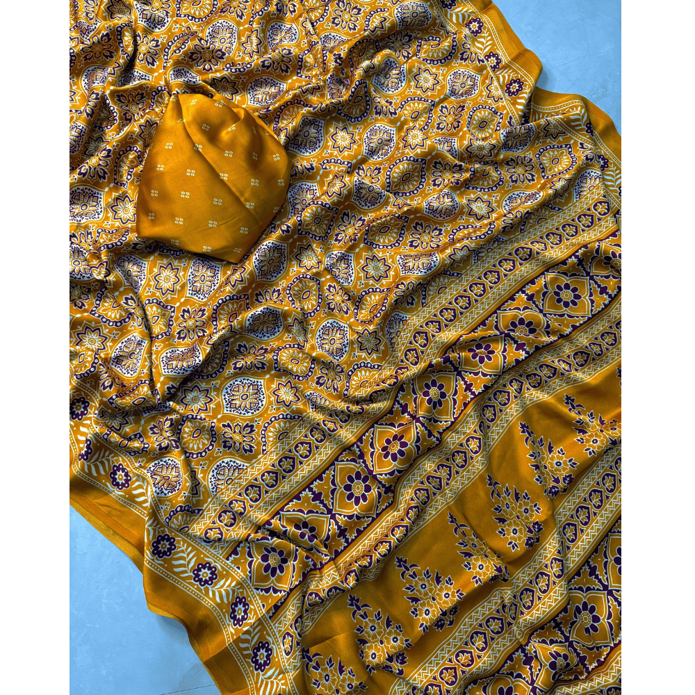 Ajrakh Satin Gajji Silk Saree with Unstitched BP for Women (Pack of 1)