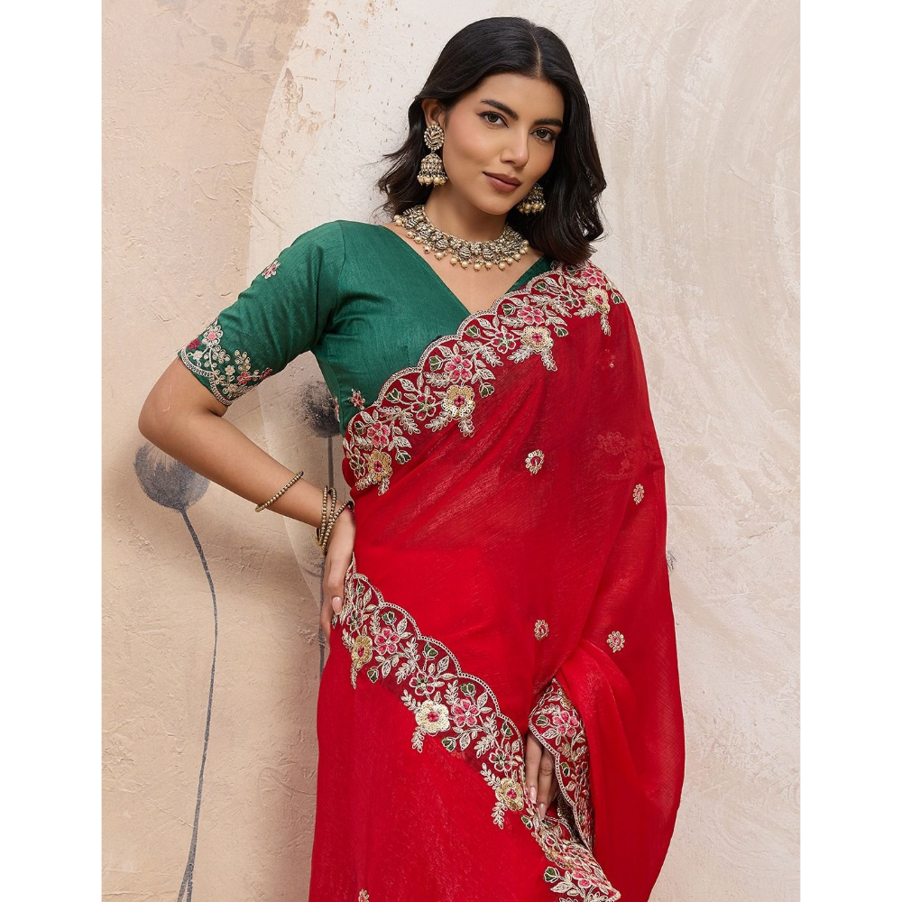 Party Wear Soft Silk Space Saree with Unstitched BP for Women (Pack of 1)