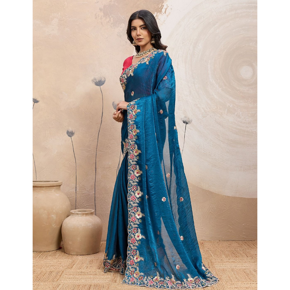 Party Wear Soft Silk Space Saree with Unstitched BP for Women (Pack of 1)
