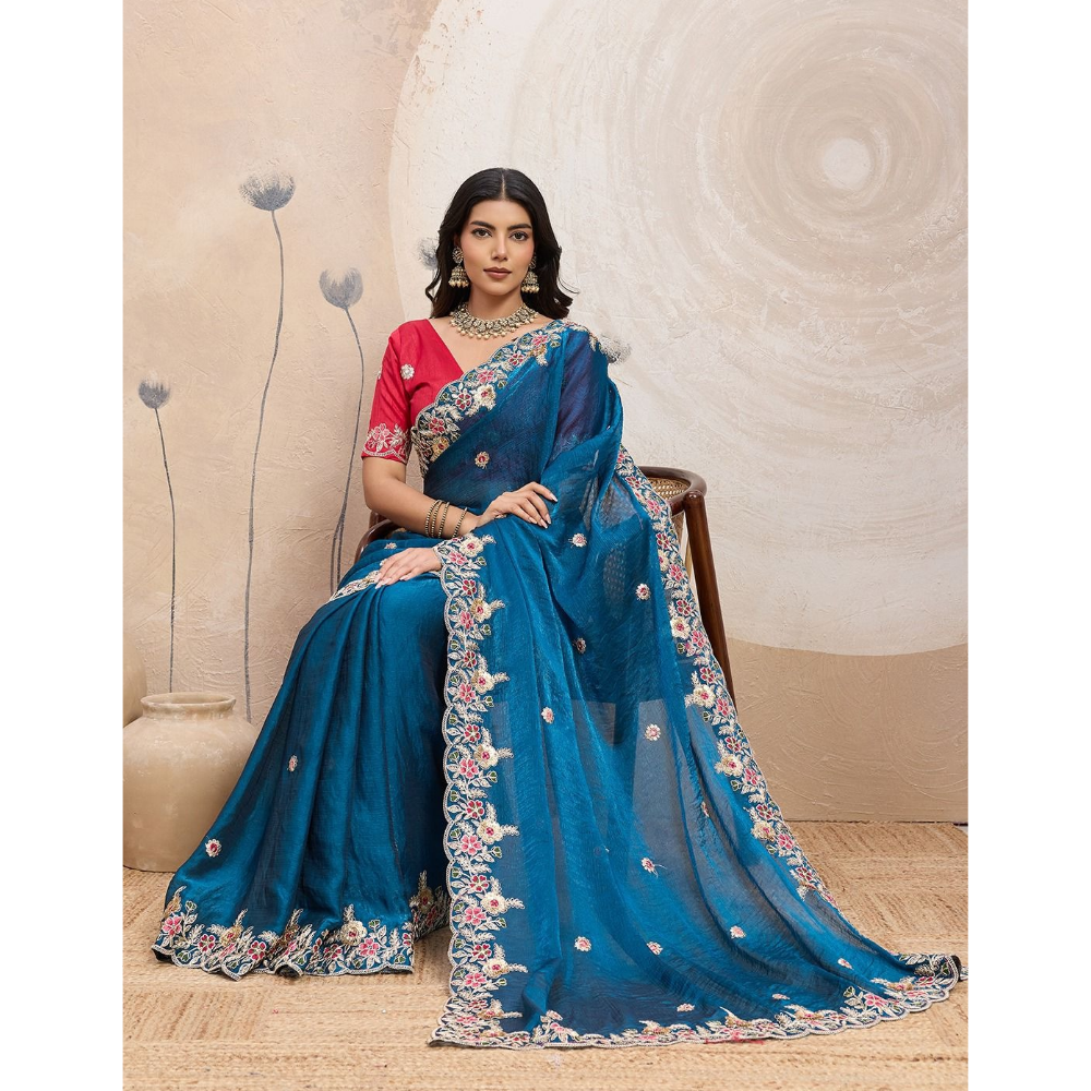 Party Wear Soft Silk Space Saree with Unstitched BP for Women (Pack of 1)