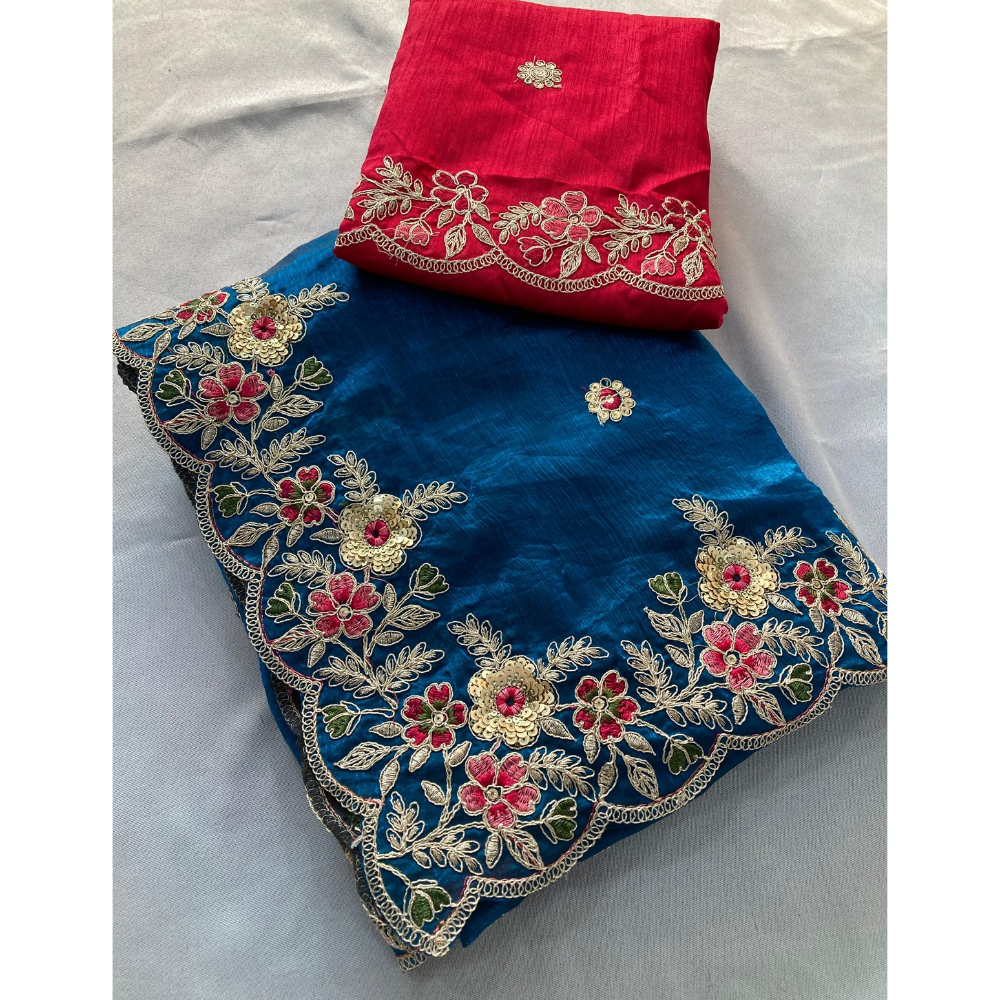 Party Wear Soft Silk Space Saree with Unstitched BP for Women (Pack of 1)