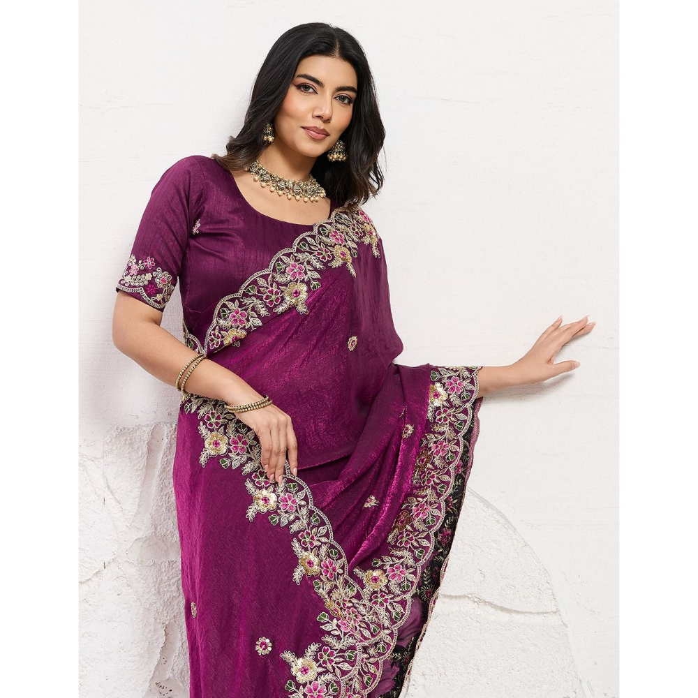 Party Wear Soft Silk Space Saree with Unstitched BP for Women (Pack of 1)