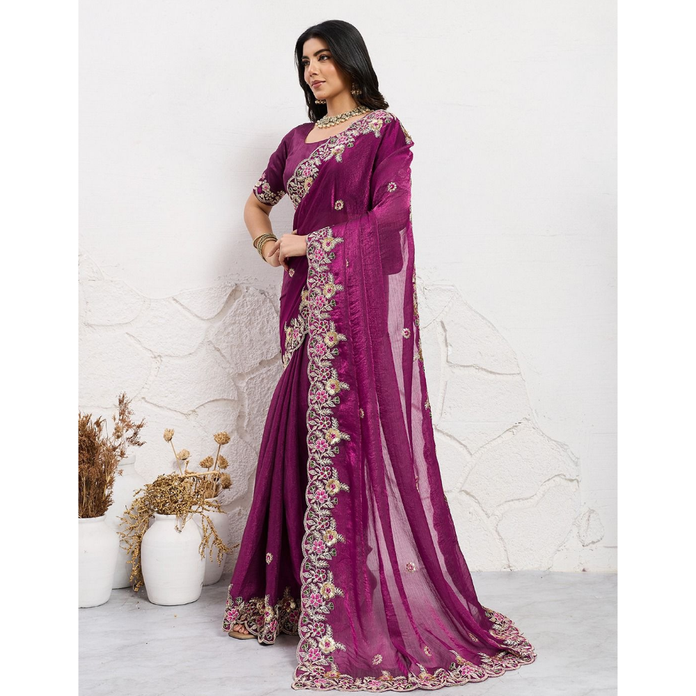 Party Wear Soft Silk Space Saree with Unstitched BP for Women (Pack of 1)