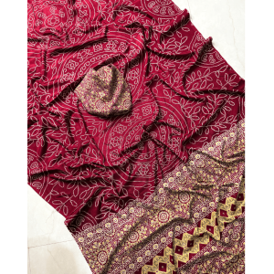 Premium Ajrakh Satin Gajji Silk Saree with Unstitched BP for Women (Pack of 1)