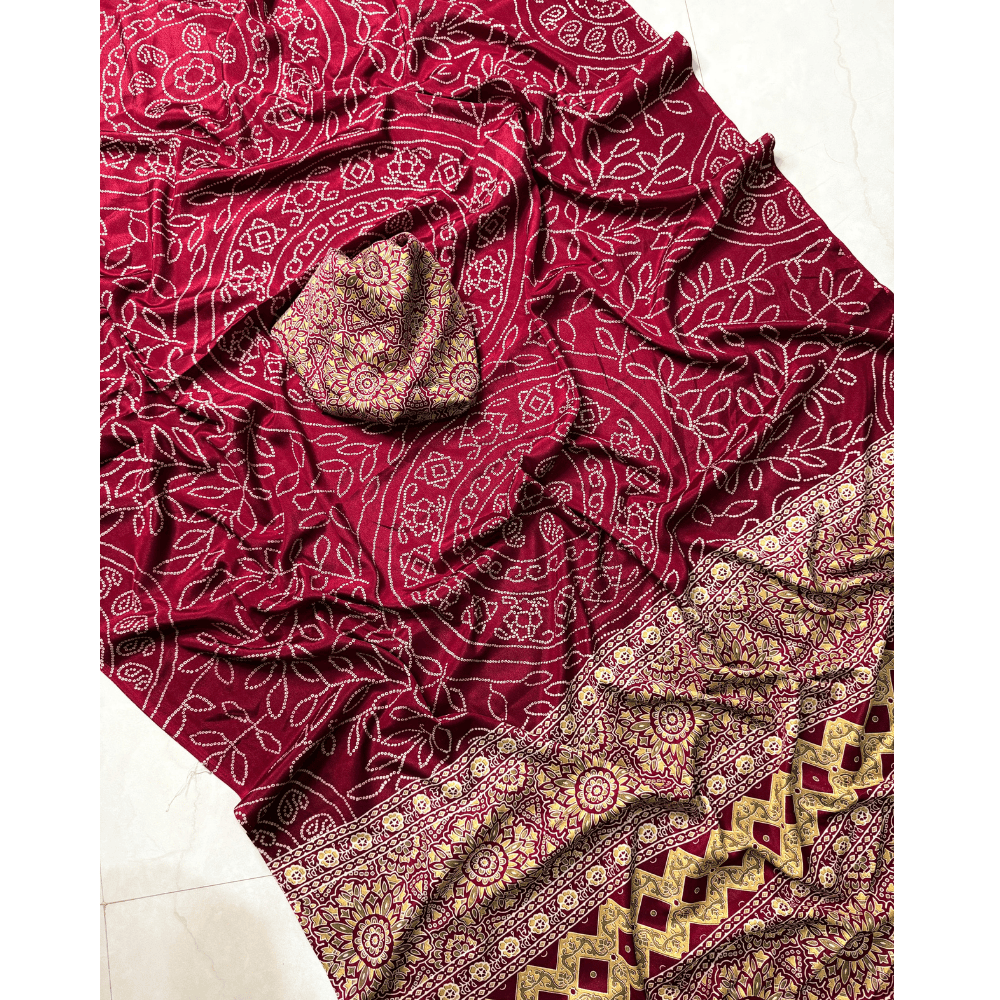 Premium Ajrakh Satin Gajji Silk Saree with Unstitched BP for Women (Pack of 1)