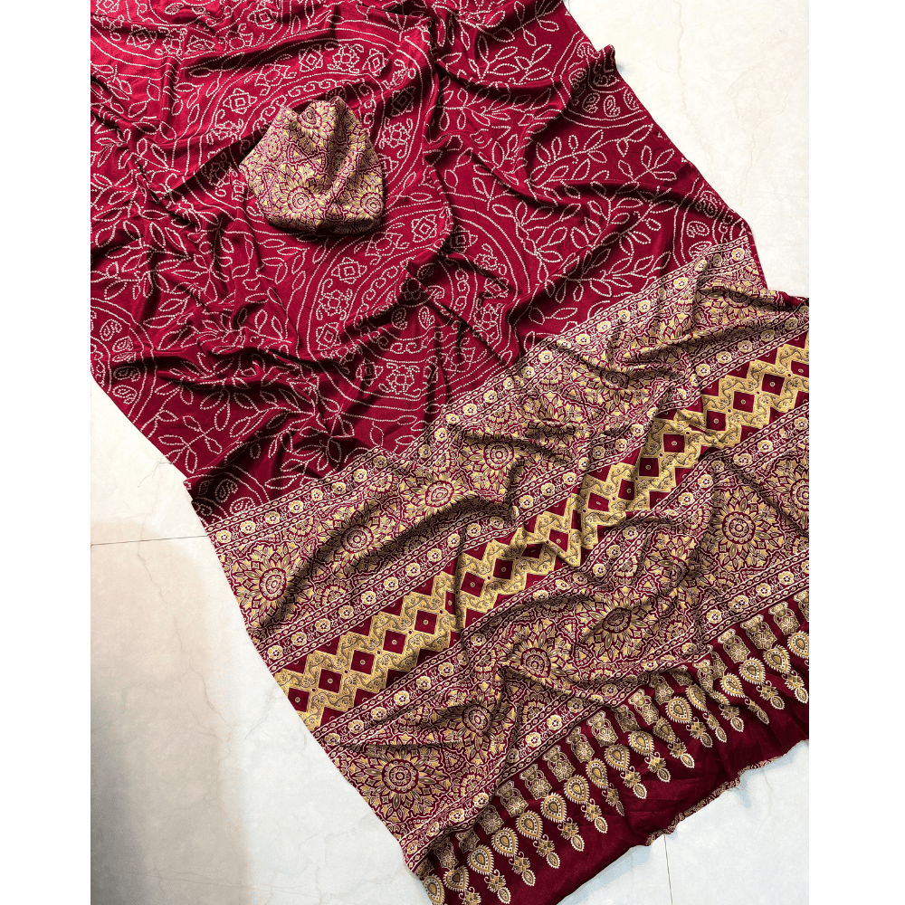 Premium Ajrakh Satin Gajji Silk Saree with Unstitched BP for Women (Pack of 1)