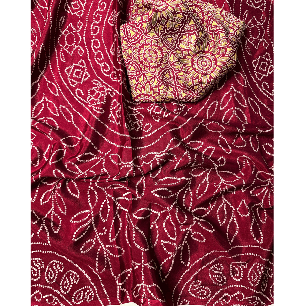 Premium Ajrakh Satin Gajji Silk Saree with Unstitched BP for Women (Pack of 1)