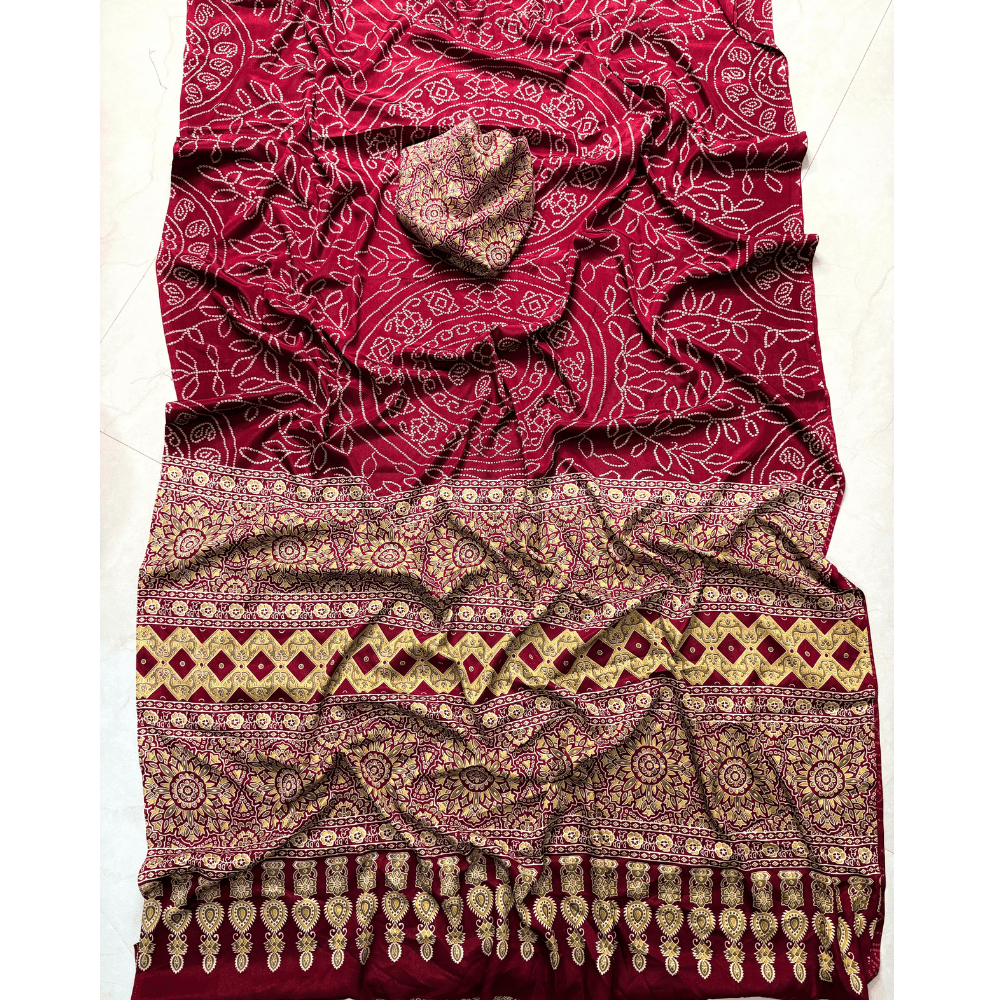 Premium Ajrakh Satin Gajji Silk Saree with Unstitched BP for Women (Pack of 1)