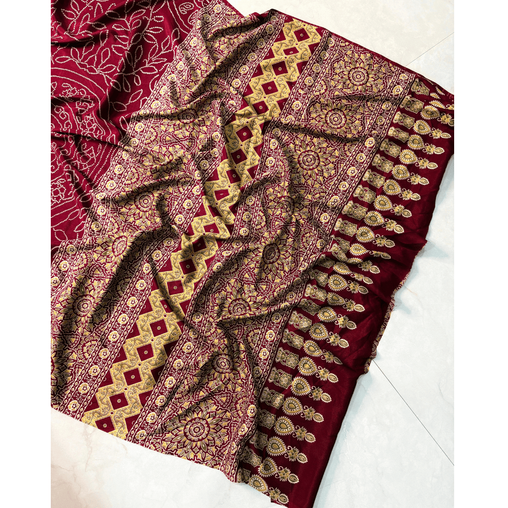 Premium Ajrakh Satin Gajji Silk Saree with Unstitched BP for Women (Pack of 1)