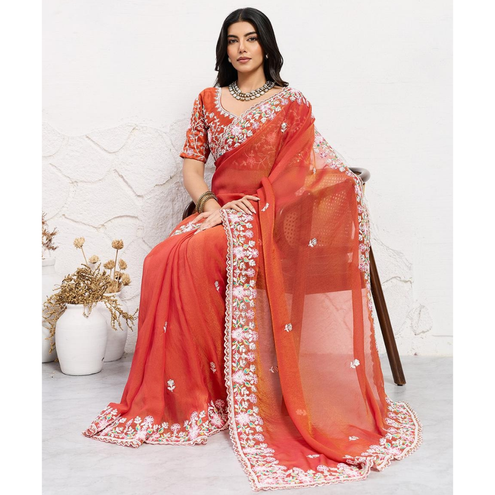 Wedding Special Party Wear Soft Chiffon Saree with Unstitched BP (Pack of 1)
