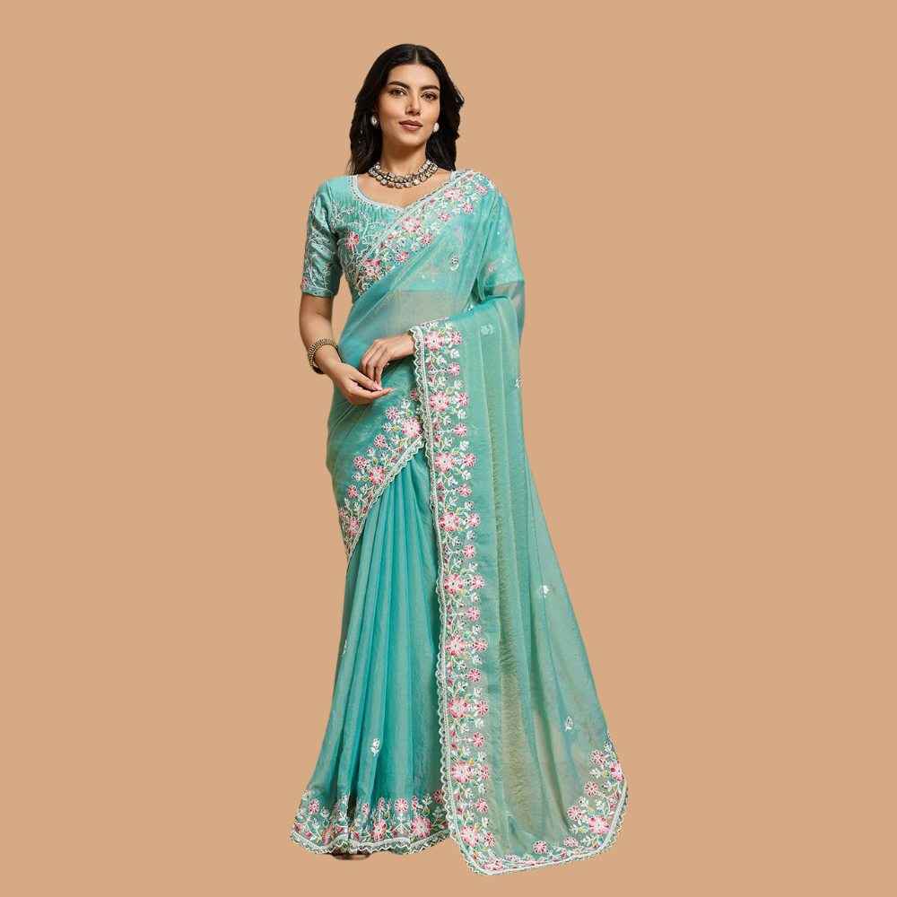 Wedding Special Party Wear Soft Chiffon Saree with Unstitched BP (Pack of 1)