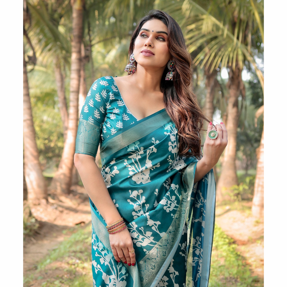 Tussar Silk Digital Floral Print Saree Ubstitched BP (Pack of 1)