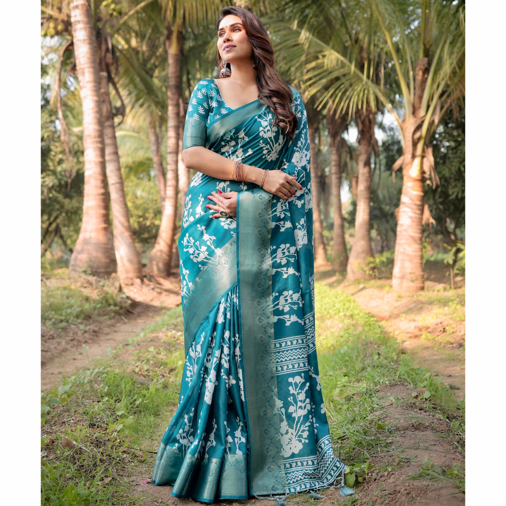 Tussar Silk Digital Floral Print Saree Ubstitched BP (Pack of 1)