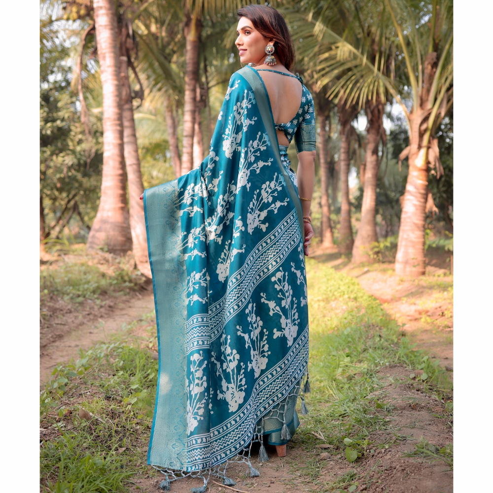 Tussar Silk Digital Floral Print Saree Ubstitched BP (Pack of 1)