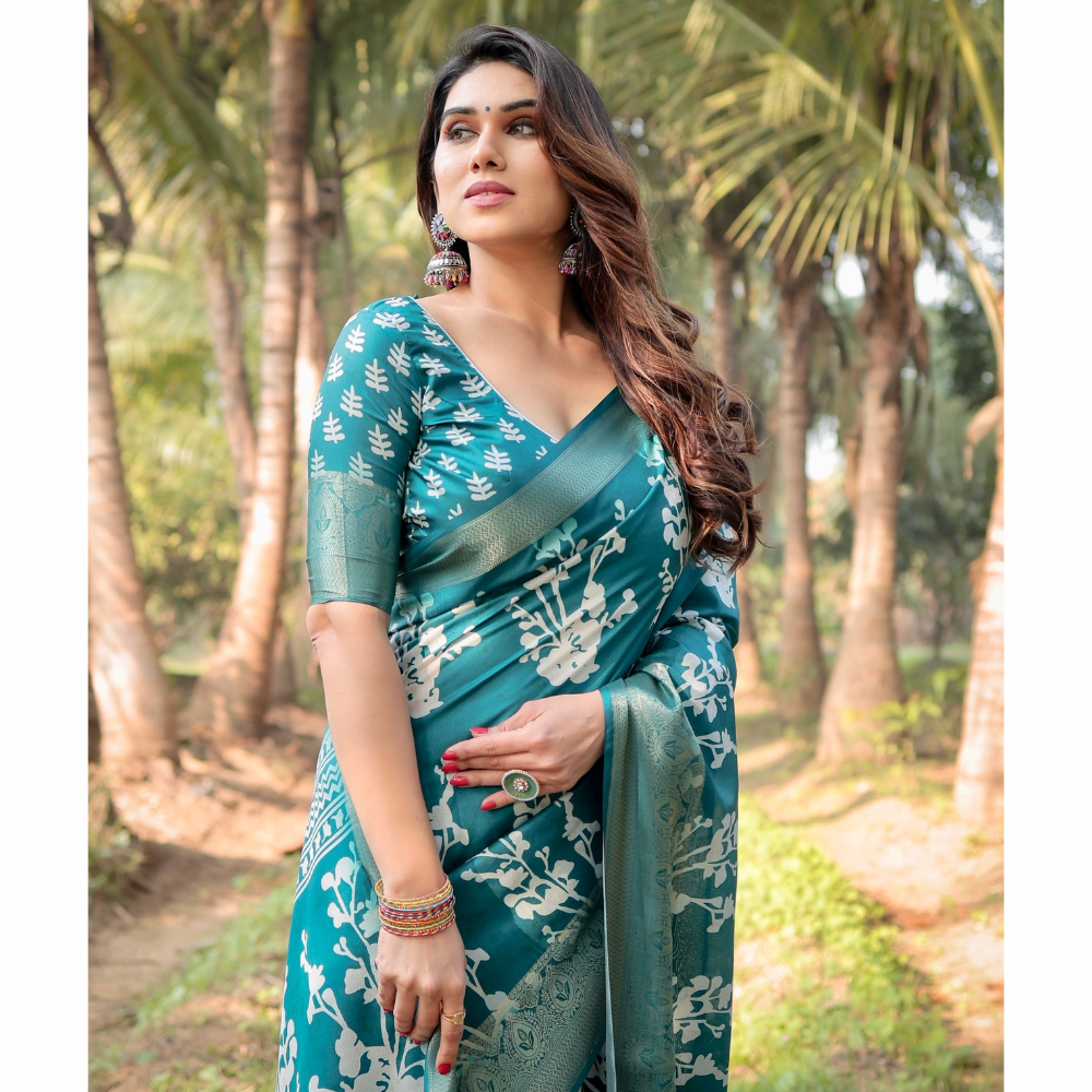 Tussar Silk Digital Floral Print Saree Ubstitched BP (Pack of 1)