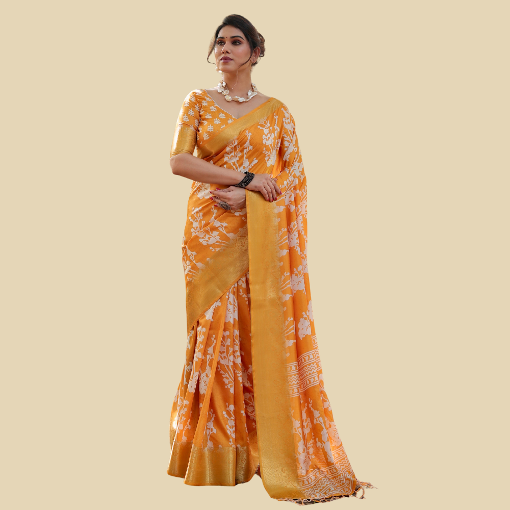 Tussar Silk Digital Floral Print Saree Ubstitched BP (Pack of 1)