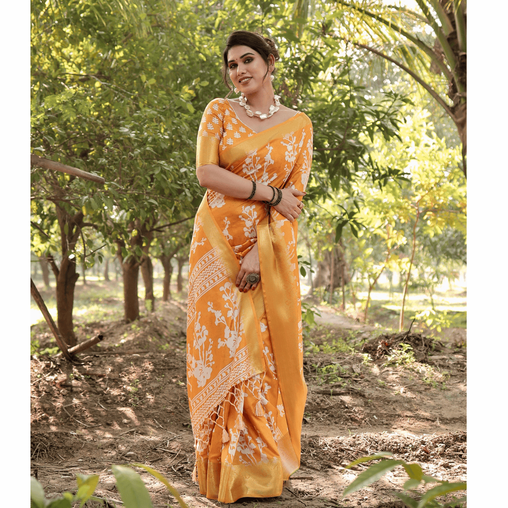 Tussar Silk Digital Floral Print Saree Ubstitched BP (Pack of 1)