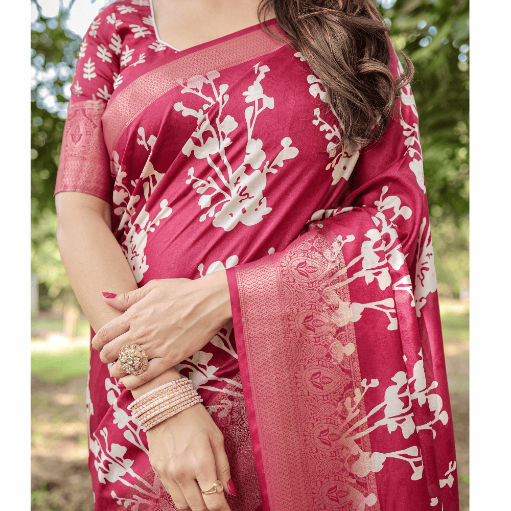 Tussar Silk Digital Floral Print Saree Ubstitched BP (Pack of 1)