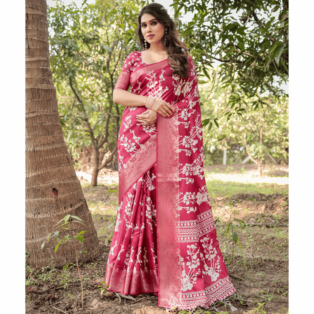 Tussar Silk Digital Floral Print Saree Ubstitched BP (Pack of 1)