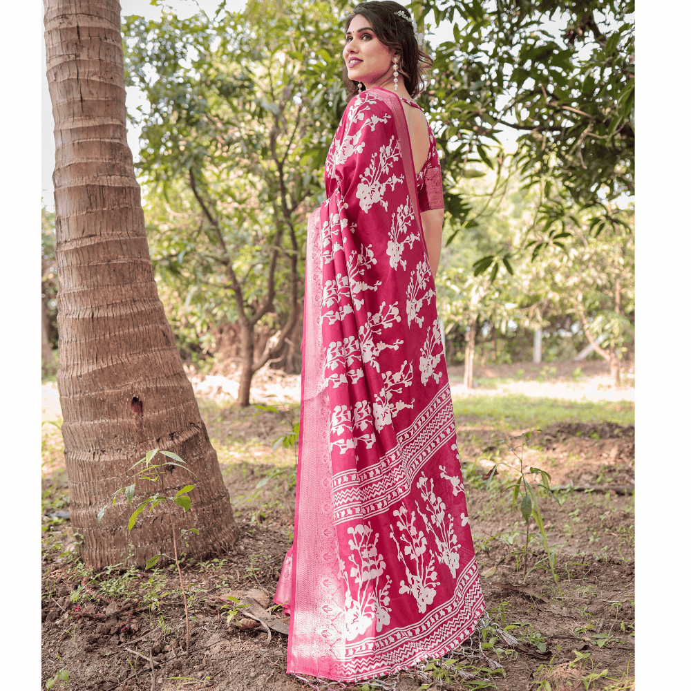 Tussar Silk Digital Floral Print Saree Ubstitched BP (Pack of 1)