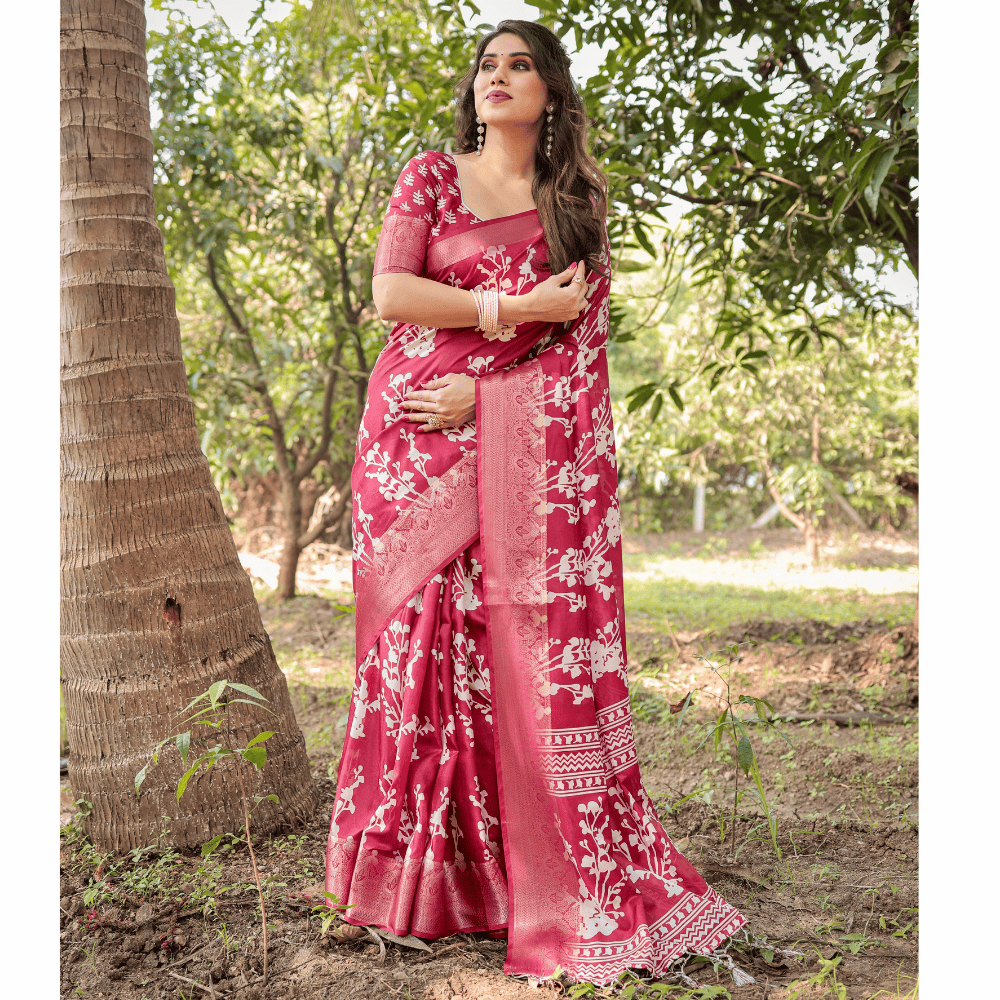 Tussar Silk Digital Floral Print Saree Ubstitched BP (Pack of 1)