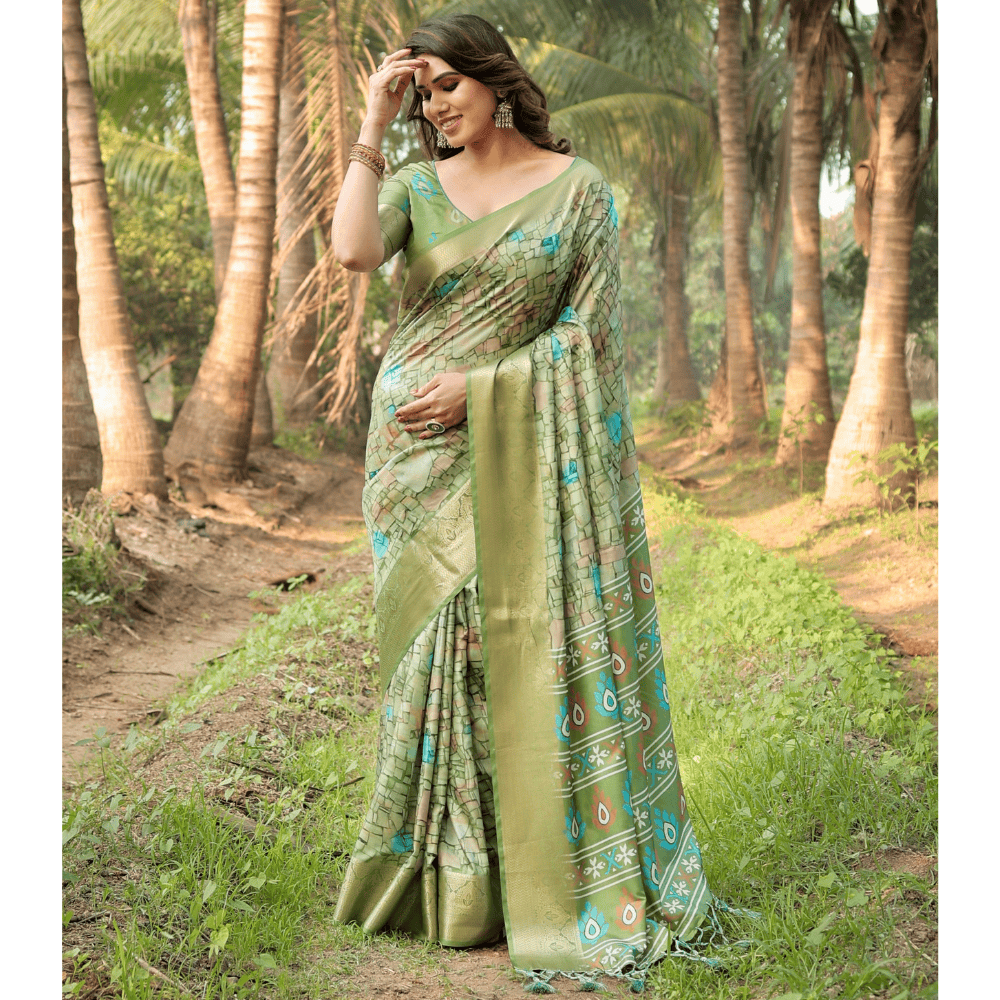 Women's Premium Floral Print Tussar Silk Saree with Attached BP (Pack of 1)